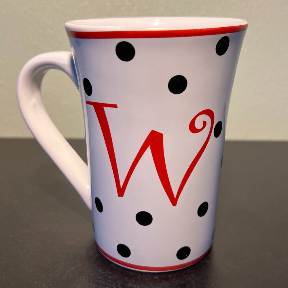 HOME ESSENTIALS Letter W Monogram Initial Black Polka Dot Ceramic Coffee Cup Mug